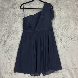 J Crew Dress Womens Sz 16 Navy Blue Silk Chiffon Cara One‎ Shoulder Draped Event